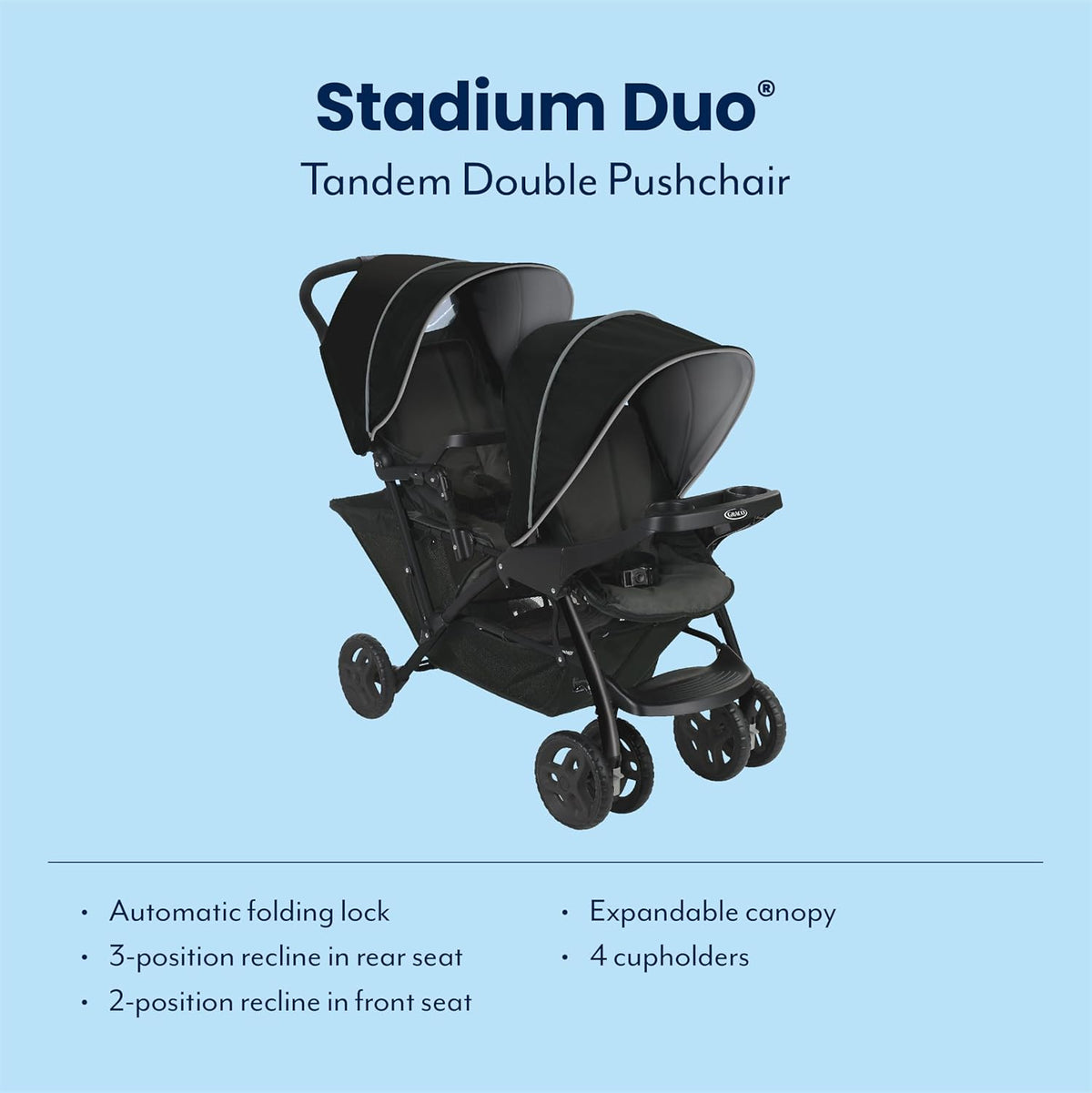 Graco Stadium Duo Tandem Double Pushchair – Black/Grey